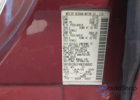 2004 Nissan Quest 3.5 S from USA, damaged, VIN 5N1BV28U74N336892